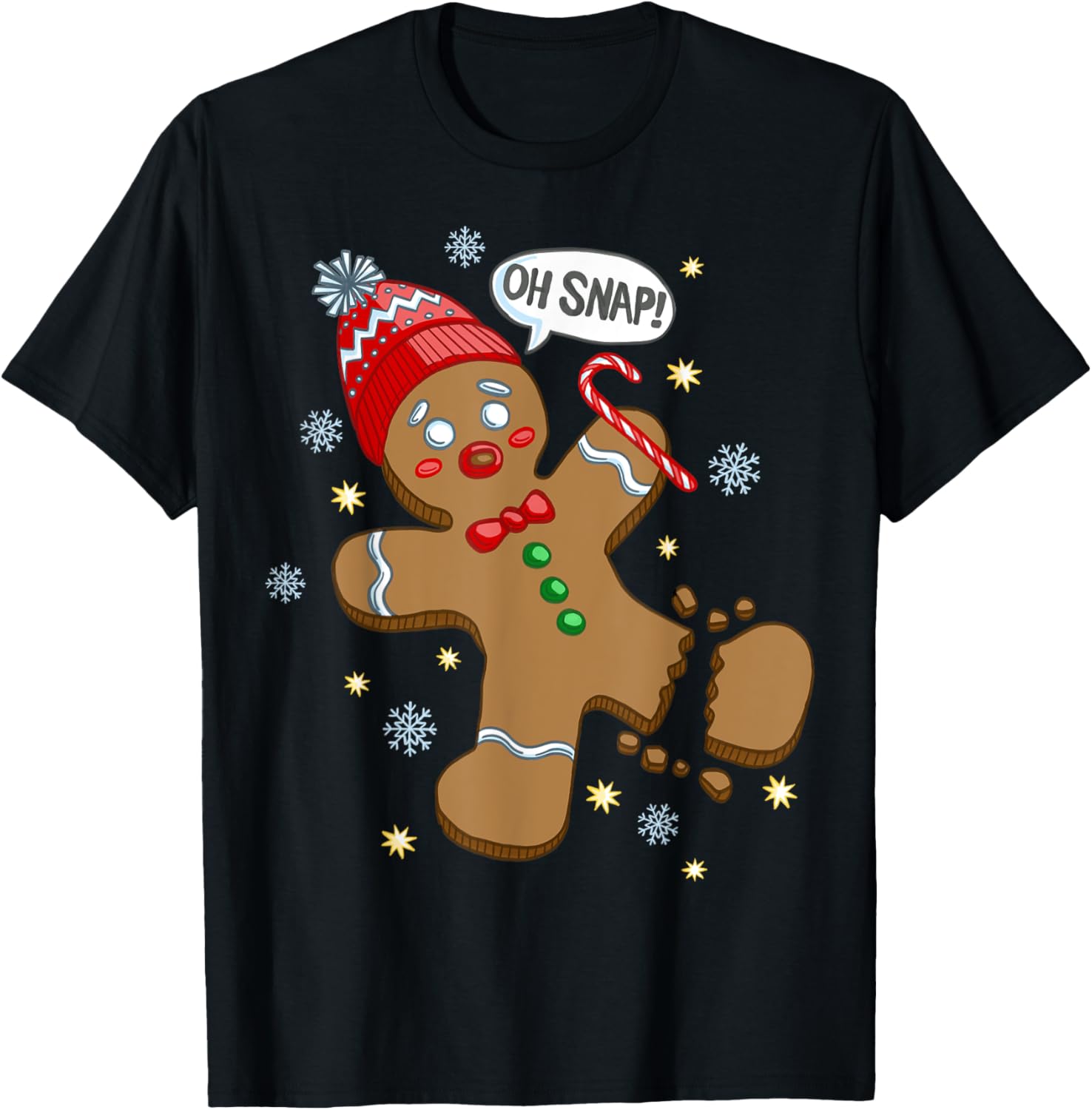 Trendy Holiday Apparel Gingerbread Man Oh Snap Christmas T-Shirt - Men's Unisex Adults Black Solid Crew Neck Short Sleeve Classic Fit Pull On Christmas Celebration T-Shirt