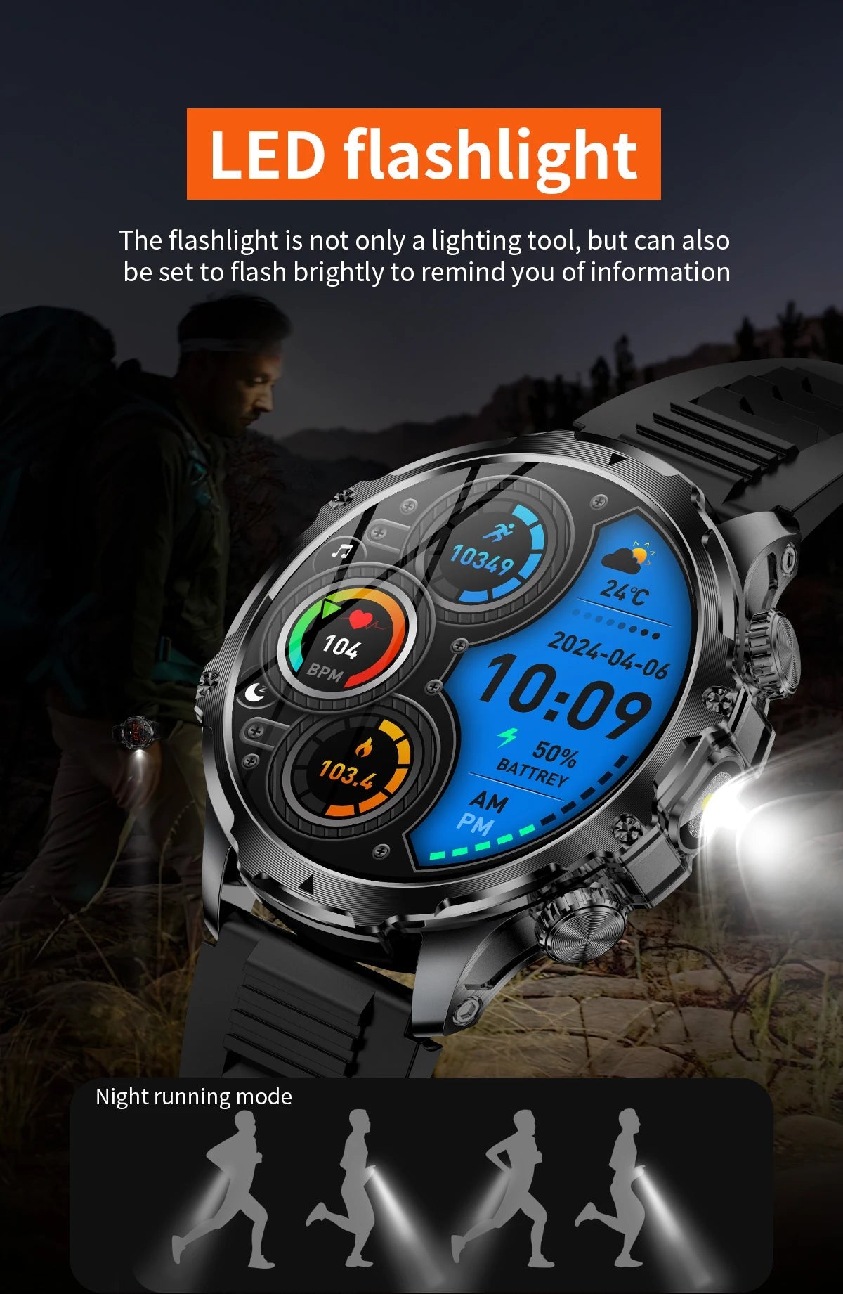 AK75 Smart Watch Flashlight Outdoor Sports Fitness Tracker BT Calling