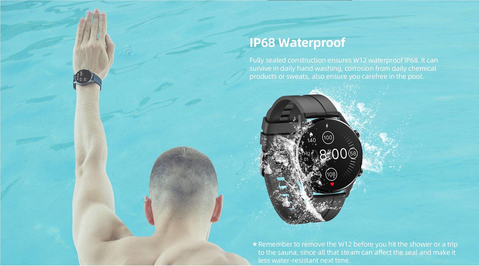 W12 Smart Watch Bluetooth Fitness Tracker Heart Rate Waterproof